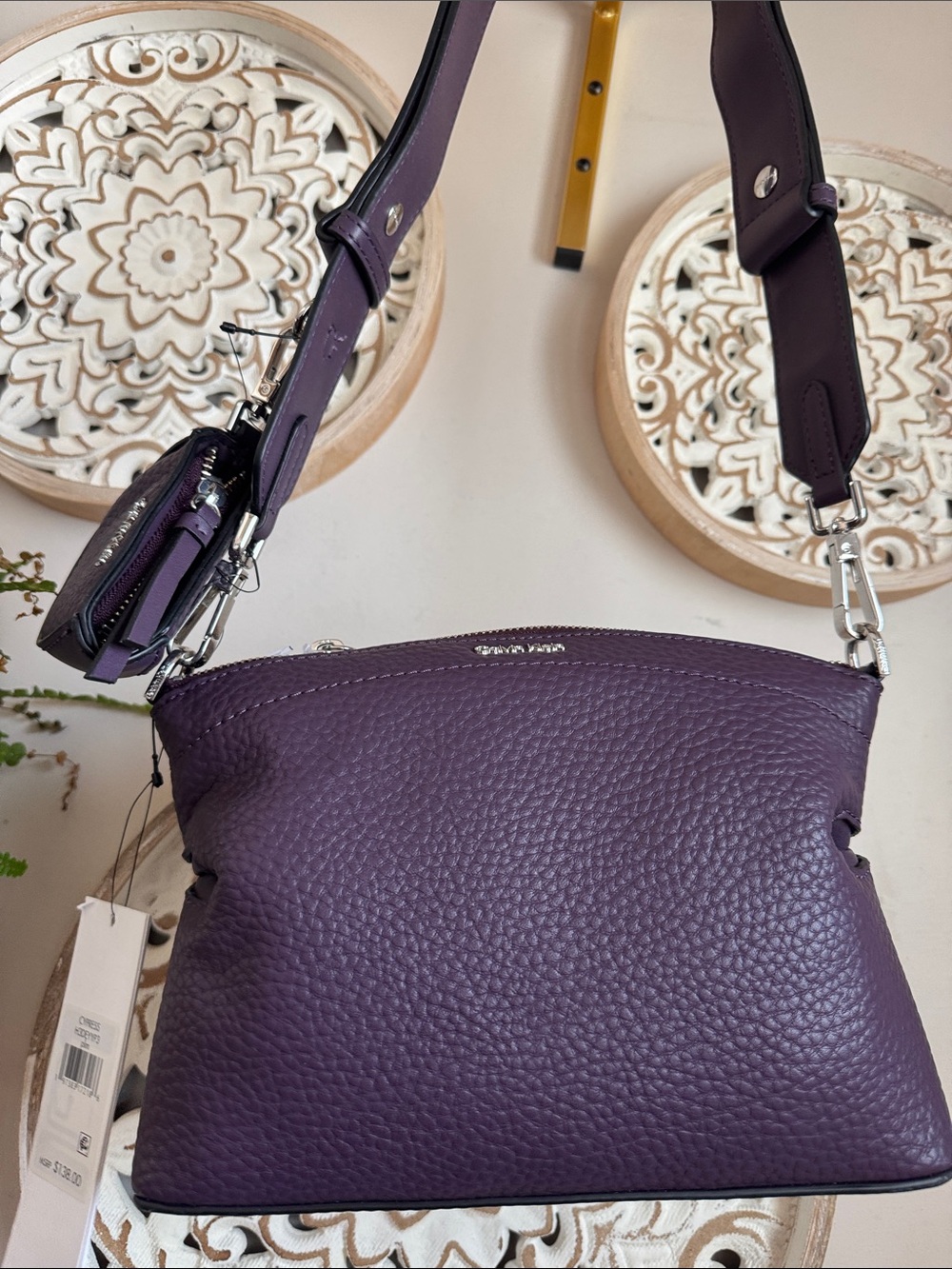 Calvin Klein Purple Pebbled Leather Shoulder Bag with Adjustable Strap